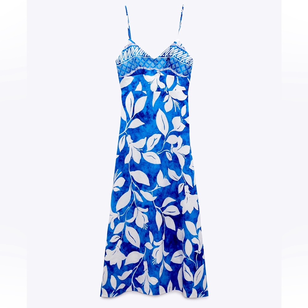 NWT ZARA LINEN BLEND PRINTED DRESS MEDIUM BLUE FLORAL MIDI